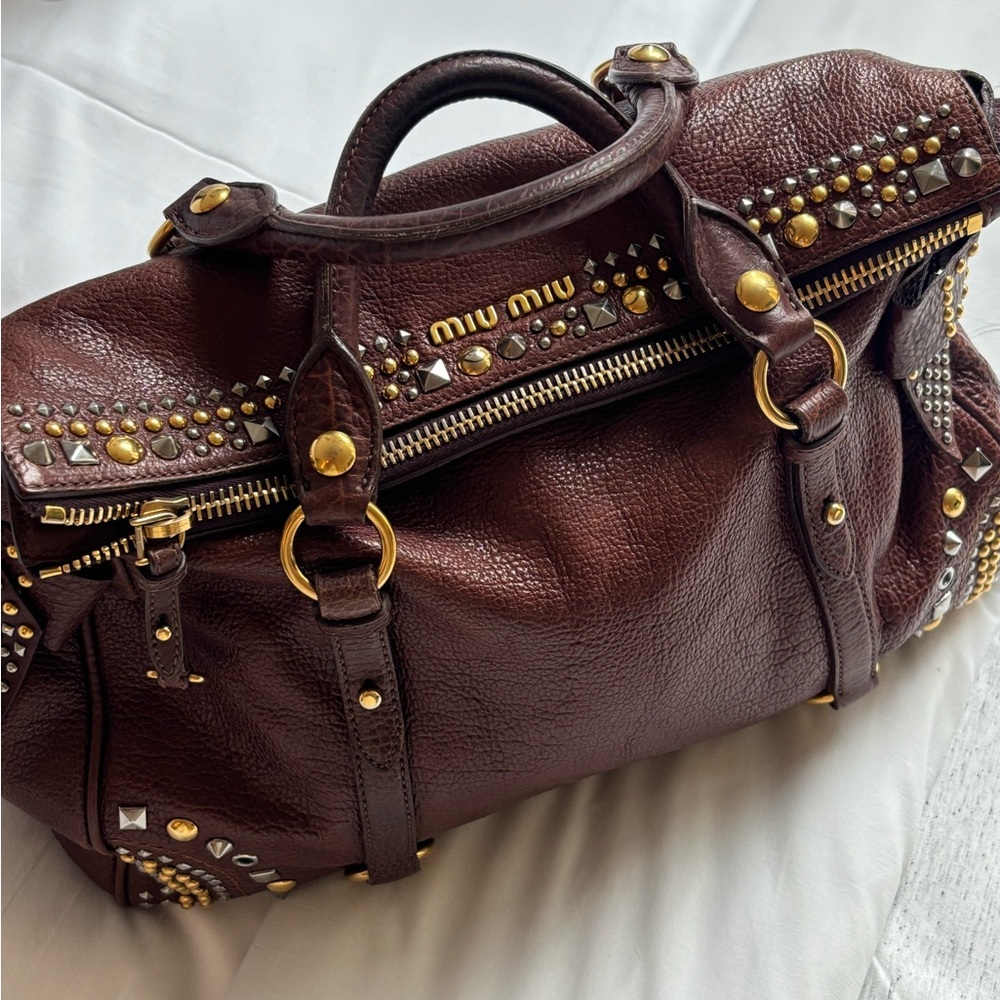 Miu Miu Brown Leather Studded Vitello Bag